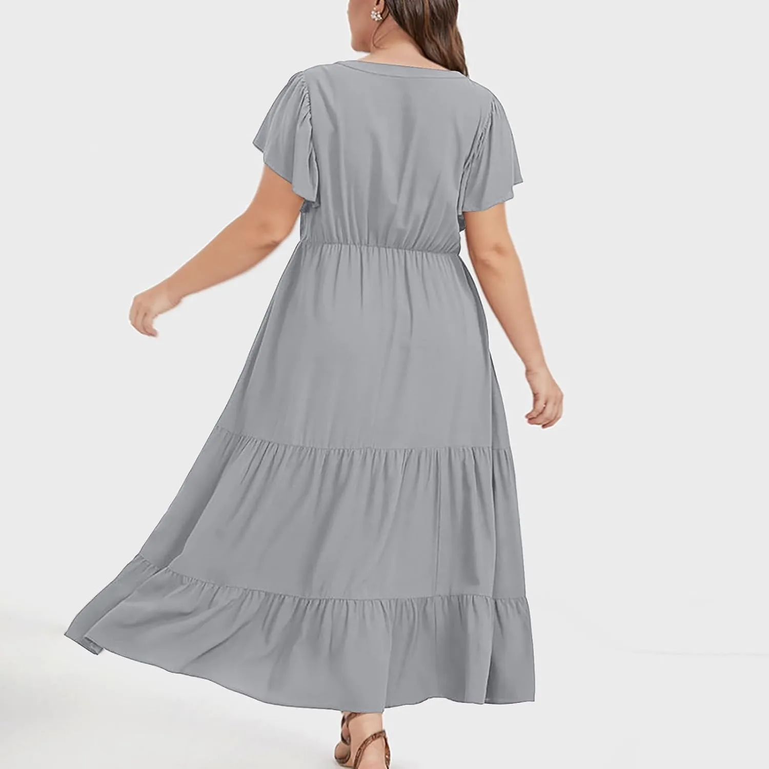Plus Size Dresses for Women Summer V Neck Ruffle Short Sleeve Maxi Dress Summer Tummy Control Pleated Hem Sundress