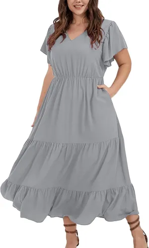 Plus Size Dresses for Women Summer V Neck Ruffle Short Sleeve Maxi Dress Summer Tummy Control Pleated Hem Sundress