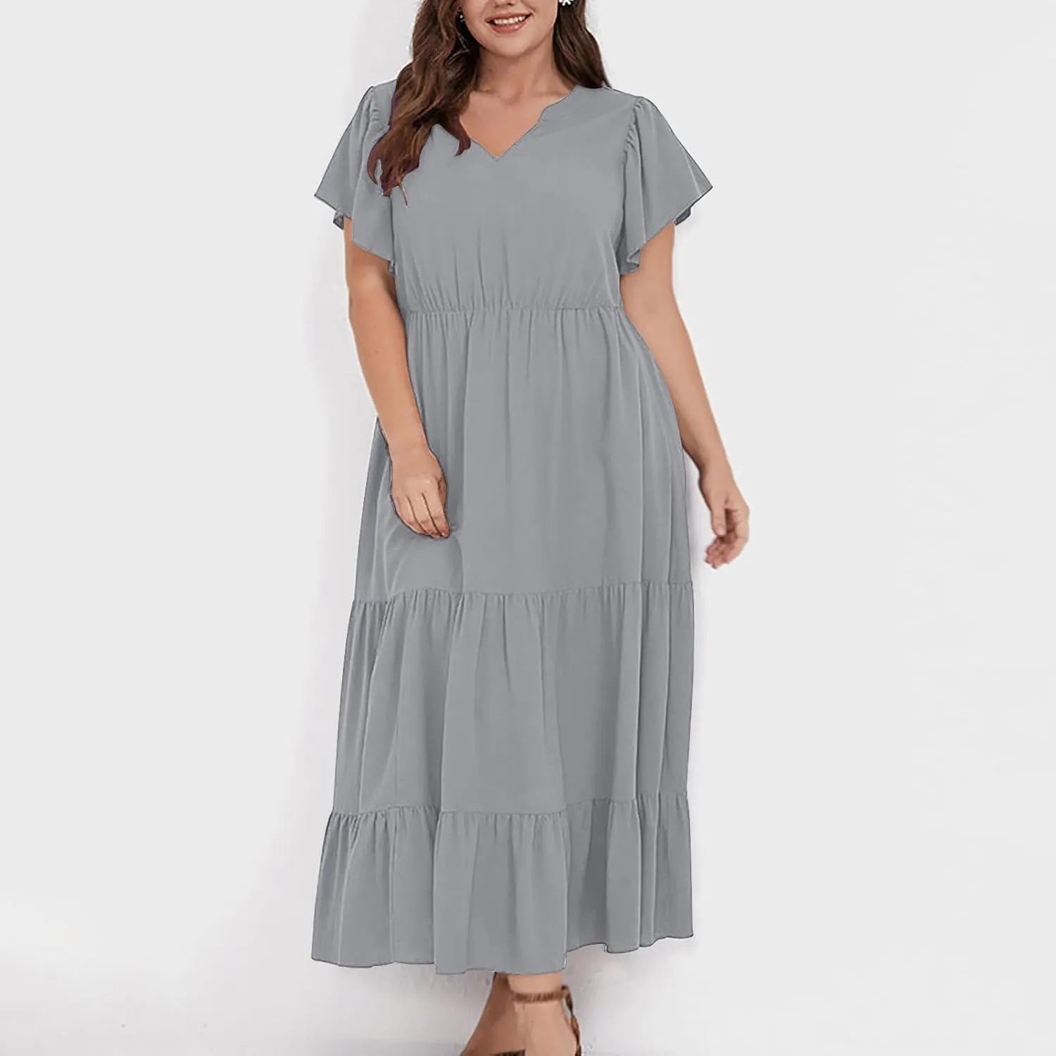 Plus Size Dresses for Women Summer V Neck Ruffle Short Sleeve Maxi Dress Summer Tummy Control Pleated Hem Sundress