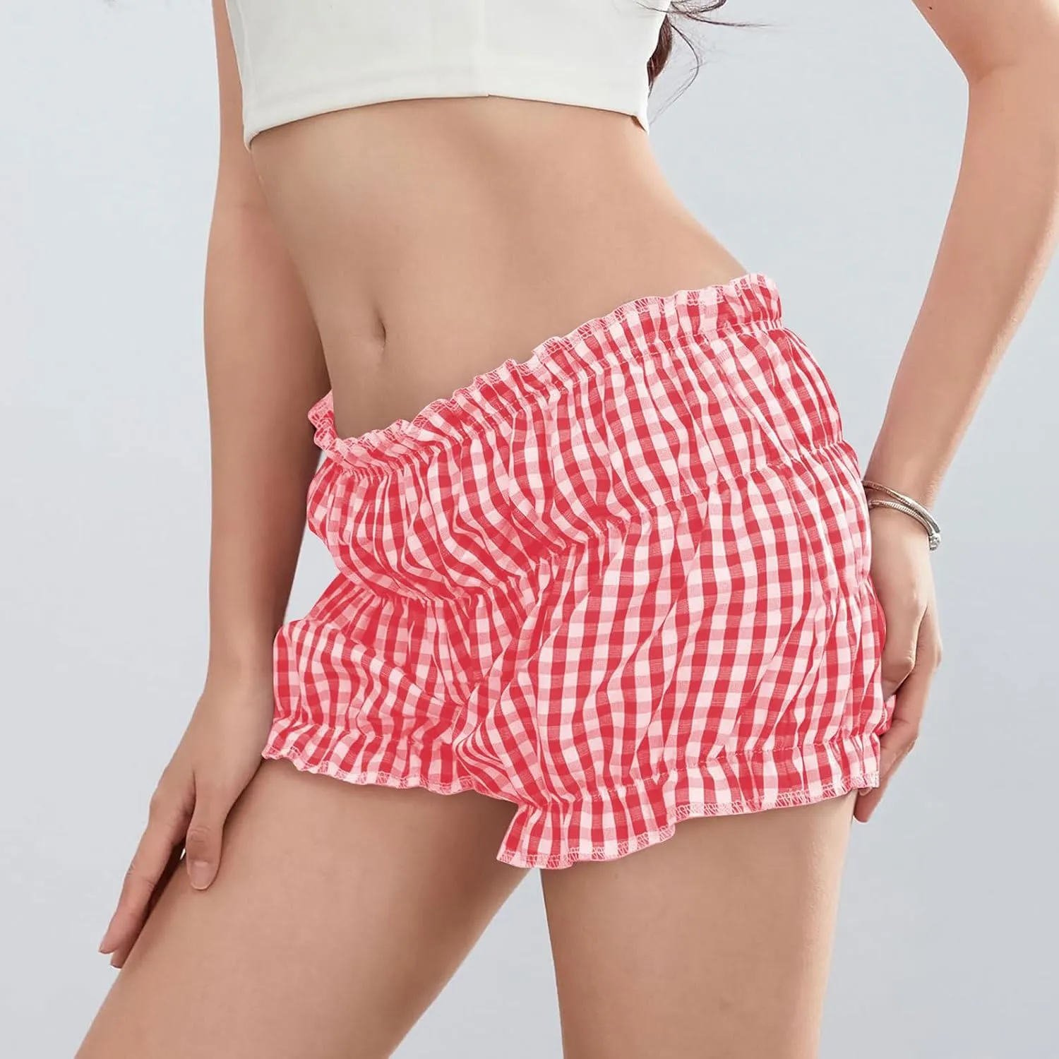 POHADON Women's Plaid Layered Ruffle Shorts Cute Lolita Shorts Mini Casual Pajama Shorts Y2k Gingham Boxer Lounge Shorts