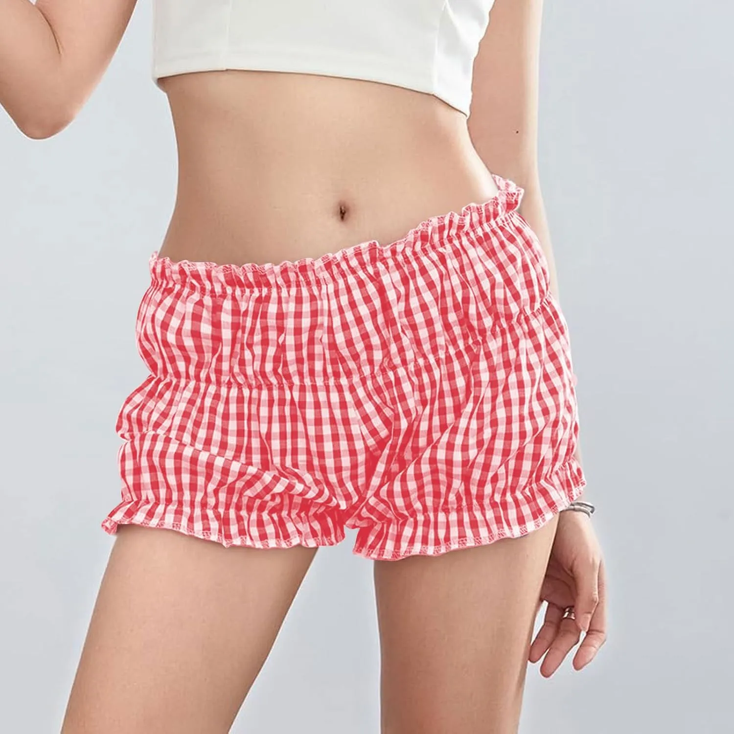 POHADON Women's Plaid Layered Ruffle Shorts Cute Lolita Shorts Mini Casual Pajama Shorts Y2k Gingham Boxer Lounge Shorts