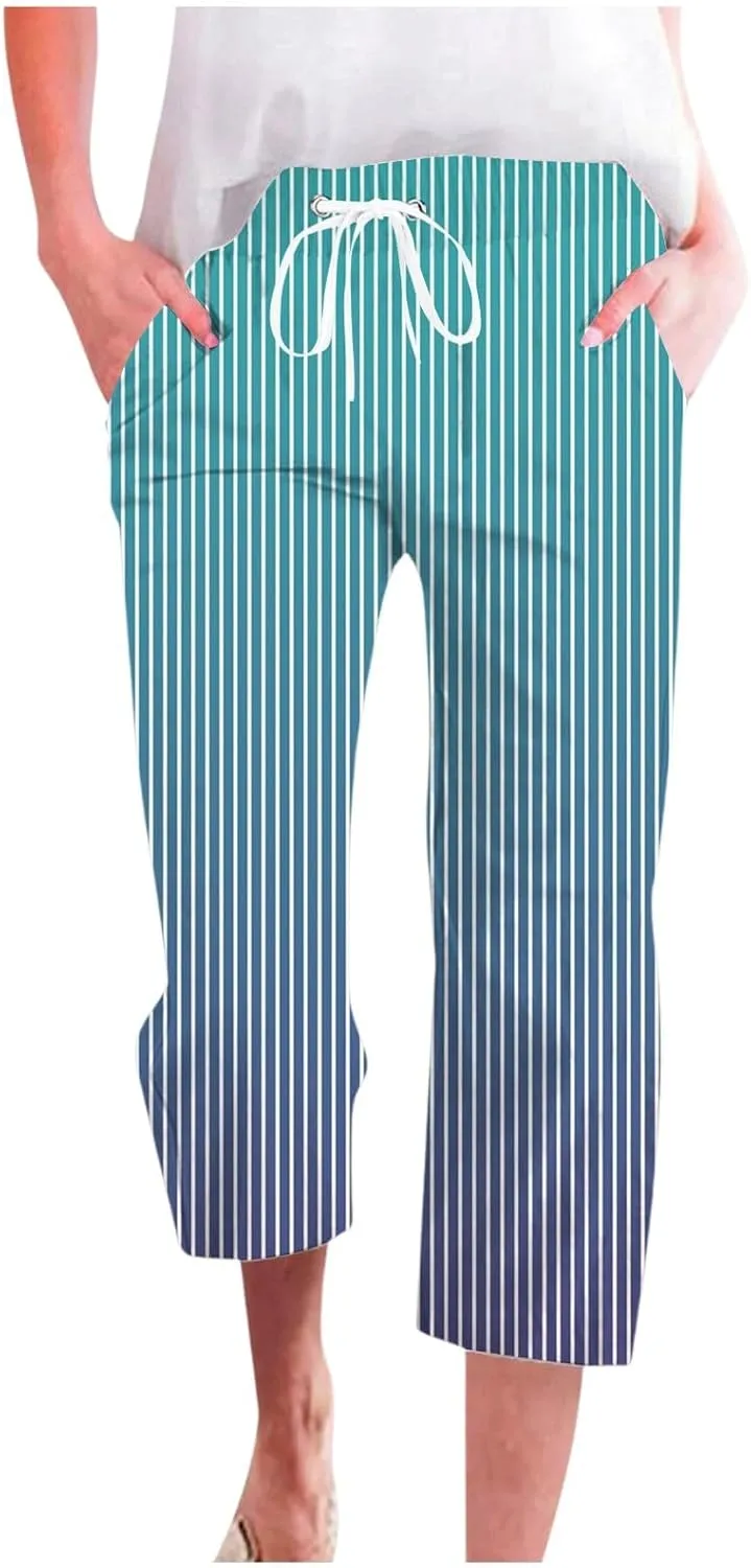 PTOLOCIF Cotton Linen Pants Women Drawstring Relaxed Fit Wide Leg Pants Cotton Linen Lounge Boho Trousers with Pockets