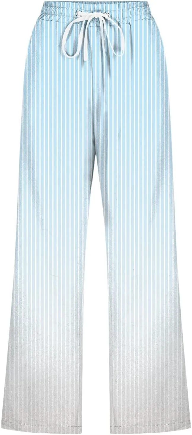 PTOLOCIF Cotton Linen Pants Women Drawstring Relaxed Fit Wide Leg Pants Cotton Linen Lounge Boho Trousers with Pockets