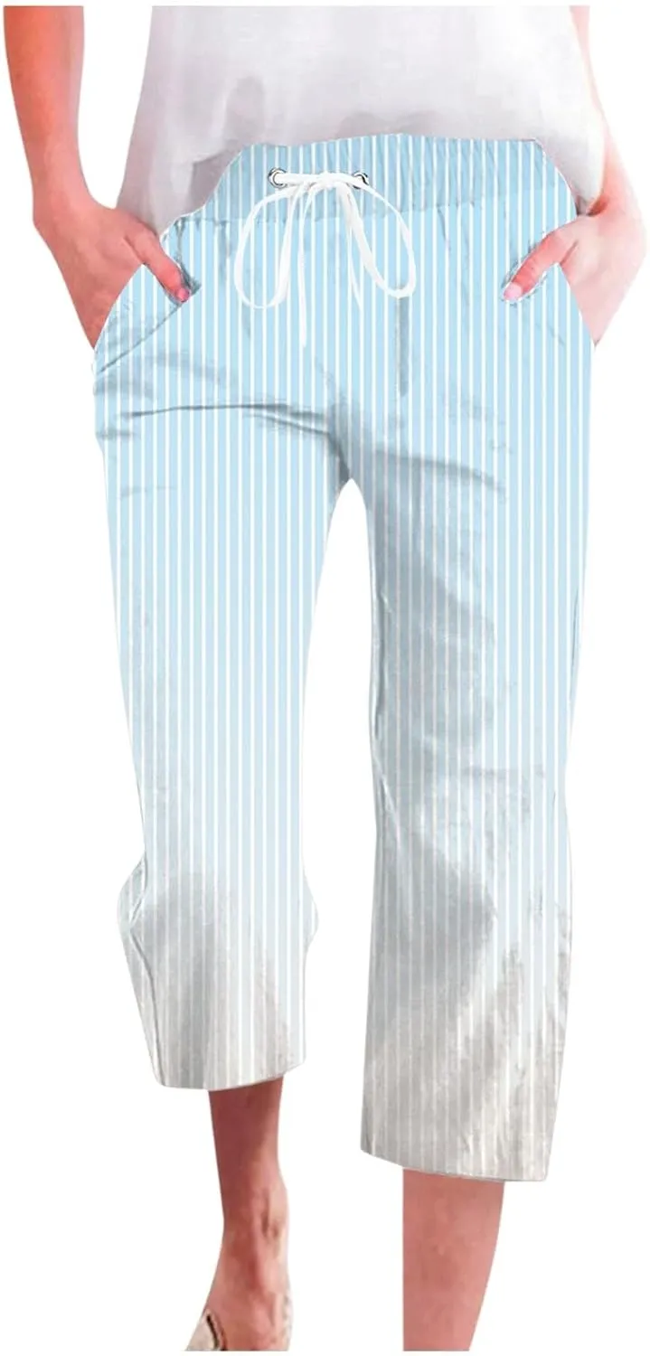 PTOLOCIF Cotton Linen Pants Women Drawstring Relaxed Fit Wide Leg Pants Cotton Linen Lounge Boho Trousers with Pockets