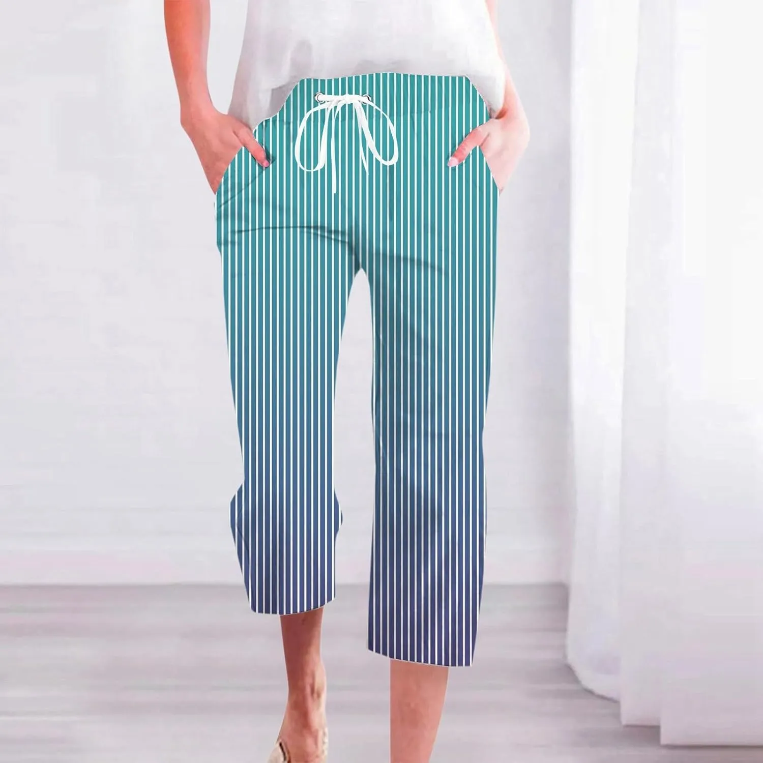 PTOLOCIF Cotton Linen Pants Women Drawstring Relaxed Fit Wide Leg Pants Cotton Linen Lounge Boho Trousers with Pockets