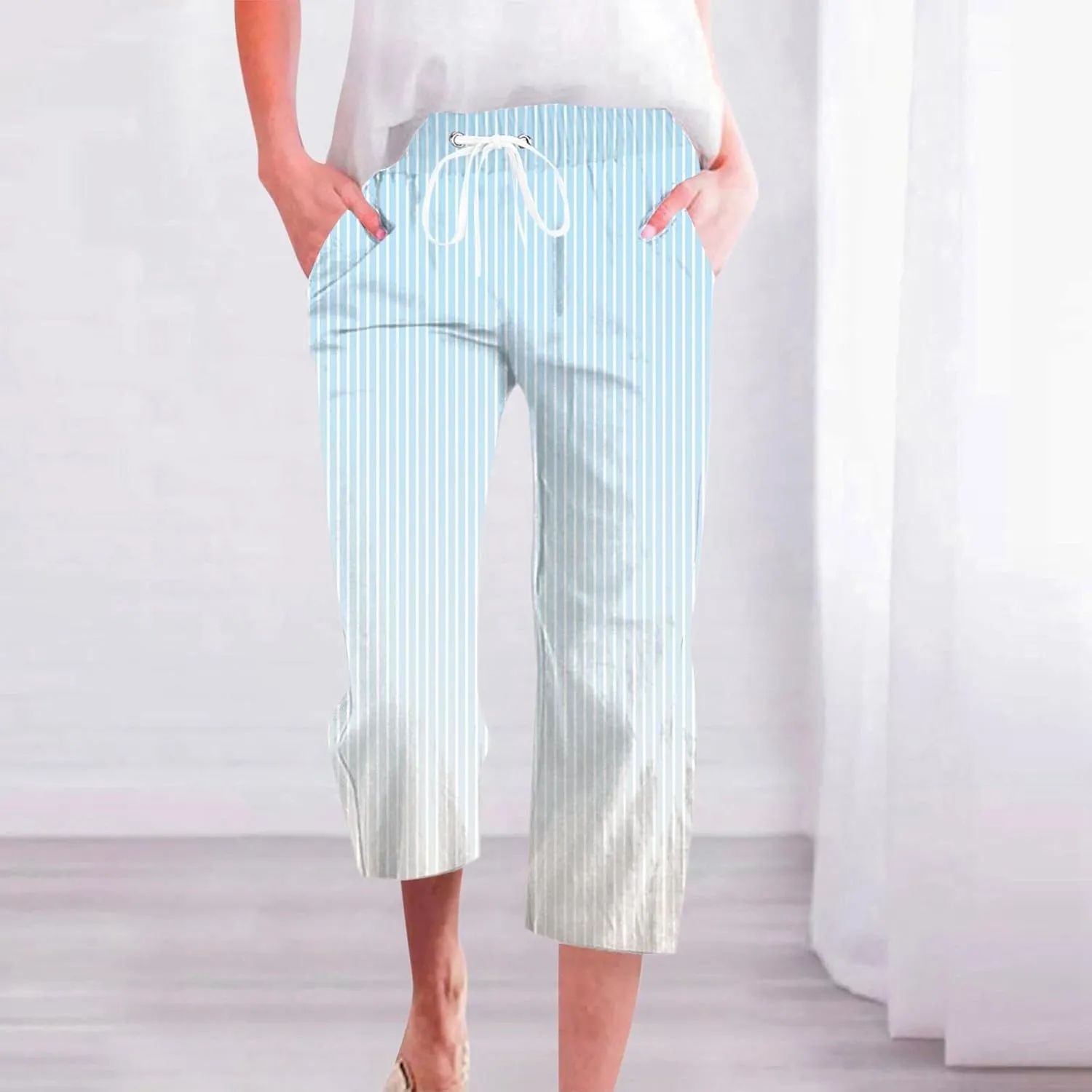 PTOLOCIF Cotton Linen Pants Women Drawstring Relaxed Fit Wide Leg Pants Cotton Linen Lounge Boho Trousers with Pockets