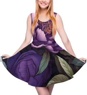 Purple Peony Floral Women's Dress Round Neck Dress Sleeveless Tank Dress Ruffle Hem Mini Dresses M