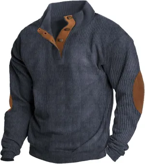 QWENTMTNTY Men's Corduroy Pullover Casual Fleece Lined Collar Polo Sweater Long Sleeve Mock Neck Vintage Western Sweatshirt