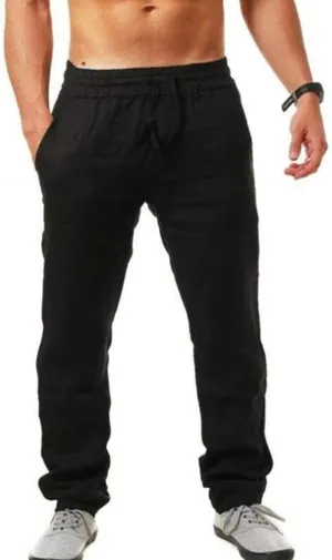 QWENTMTNTY Men's Elastic Waist Linen Pants Casual Relaxed Fit Loose Lightweight Pants Comfort Yoga Beach Drawstring Trousers
