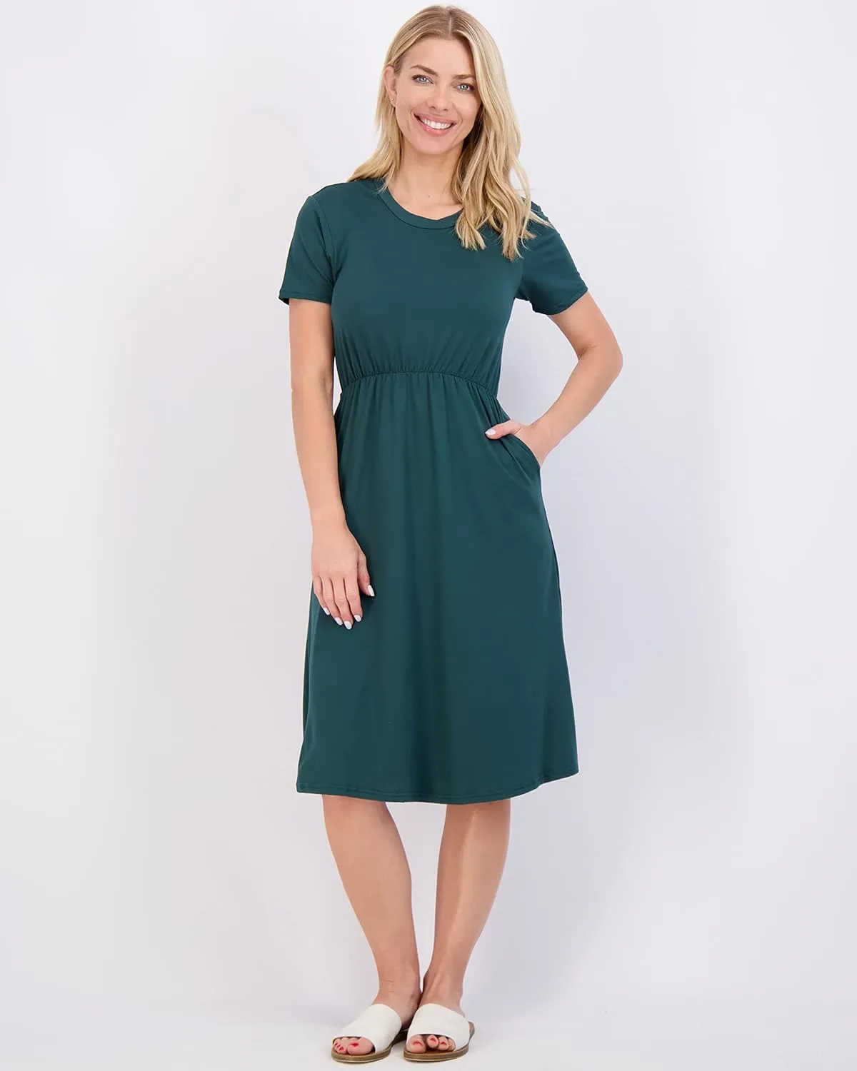 Real Essentials 3-Pack: Women's Midi Short Sleeve Soft T-Shirt Dress with Elastic Waist (Available in Plus Size)