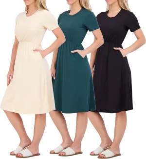 Real Essentials 3-Pack: Women's Midi Short Sleeve Soft T-Shirt Dress with Elastic Waist (Available in Plus Size)