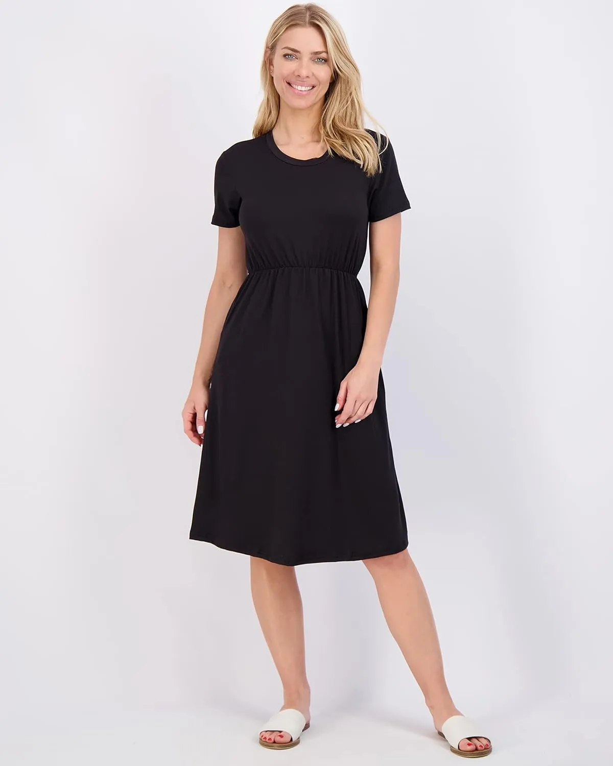 Real Essentials 3-Pack: Women's Midi Short Sleeve Soft T-Shirt Dress with Elastic Waist (Available in Plus Size)