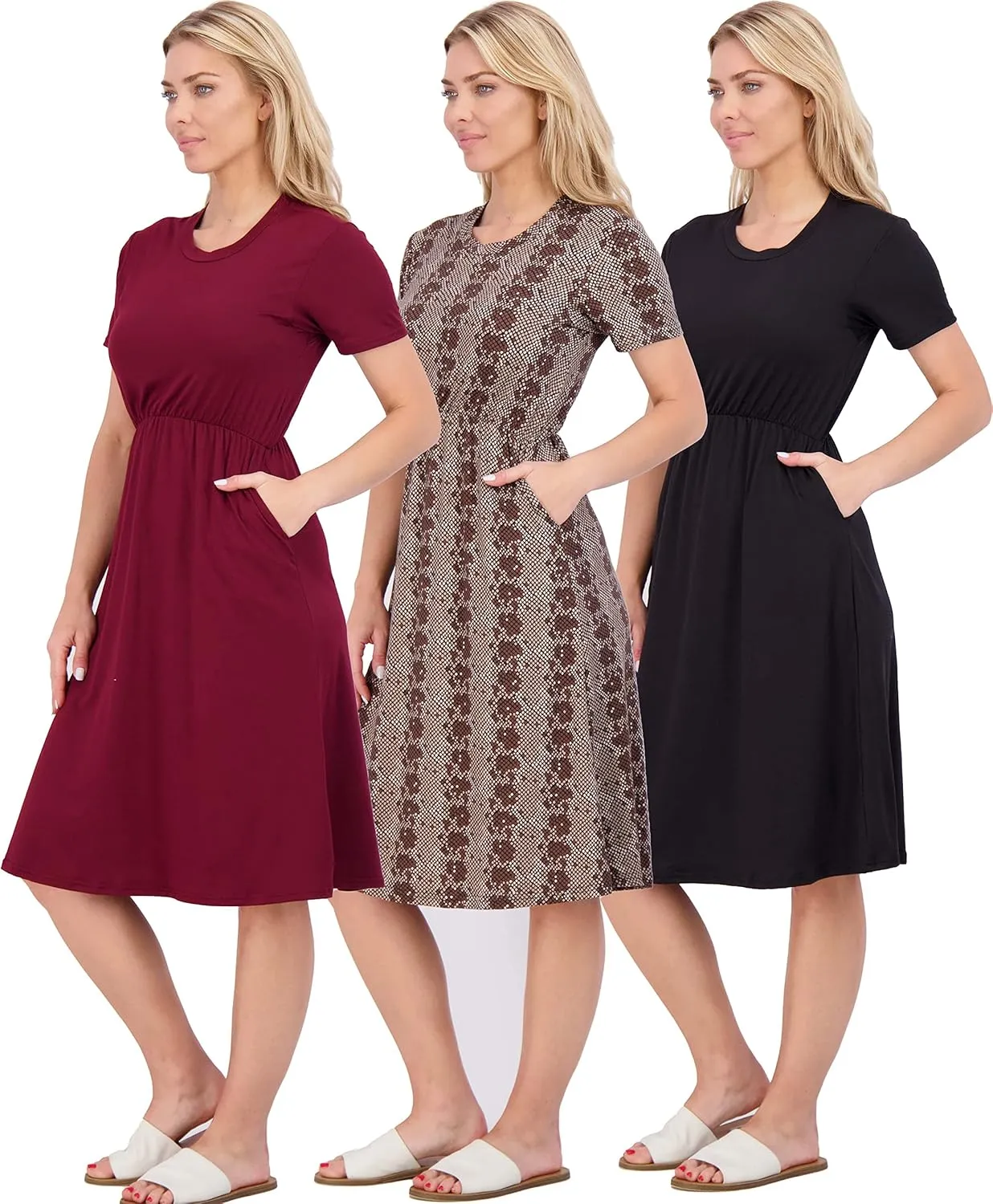 Real Essentials 3-Pack: Women's Midi Short Sleeve Soft T-Shirt Dress with Elastic Waist (Available in Plus Size)