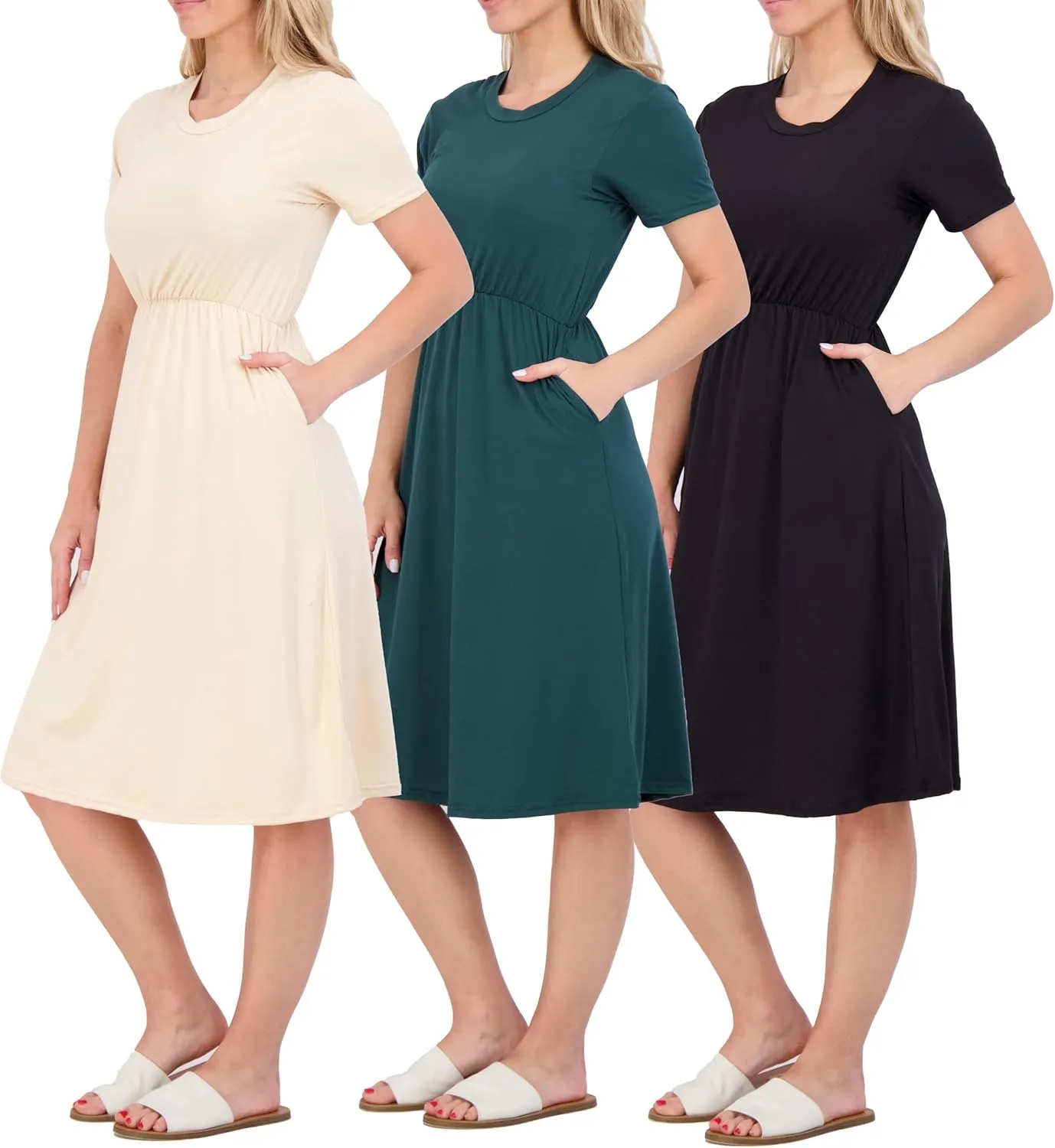 Real Essentials 3-Pack: Women's Midi Short Sleeve Soft T-Shirt Dress with Elastic Waist (Available in Plus Size)