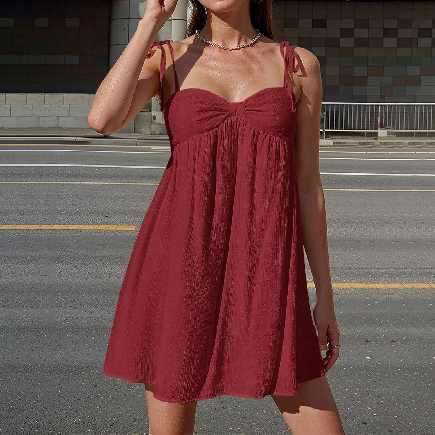 Resort Dresses for Women 2025 Vacation Beach Spaghetti Strap Mini Sundress Summer Cute A Line Ruffle Babydoll Dress