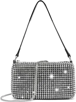 Rhinestone Evening Bag Women Sequin Purse Bling Sparkly Crossbody Silver Clutch Fold Over Chain Shoulder Bag