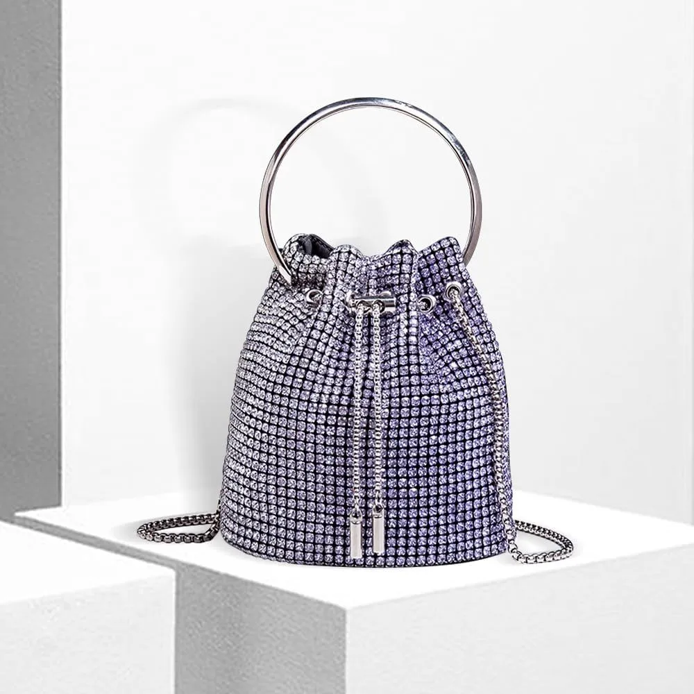 Rhinestone Evening Handbag Drawstring Shoulder Bling Purse Diamond Clutch Purse Party Wedding Prom Shopping Purple