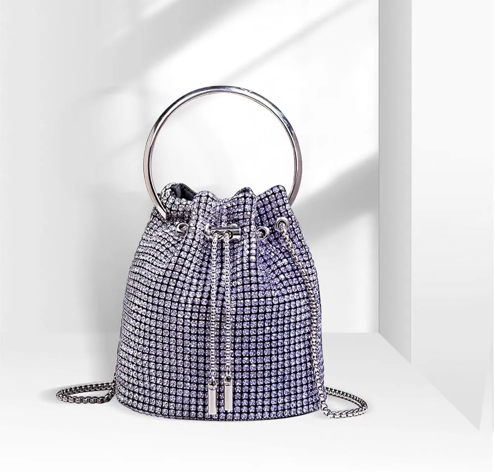 Rhinestone Evening Handbag Drawstring Shoulder Bling Purse Diamond Clutch Purse Party Wedding Prom Shopping Purple