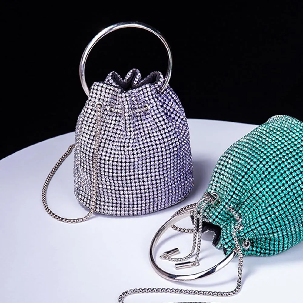 Rhinestone Evening Handbag Drawstring Shoulder Bling Purse Diamond Clutch Purse Party Wedding Prom Shopping Purple