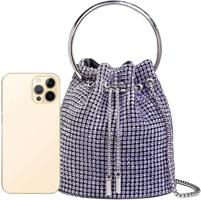 Rhinestone Evening Handbag Drawstring Shoulder Bling Purse Diamond Clutch Purse Party Wedding Prom Shopping Purple