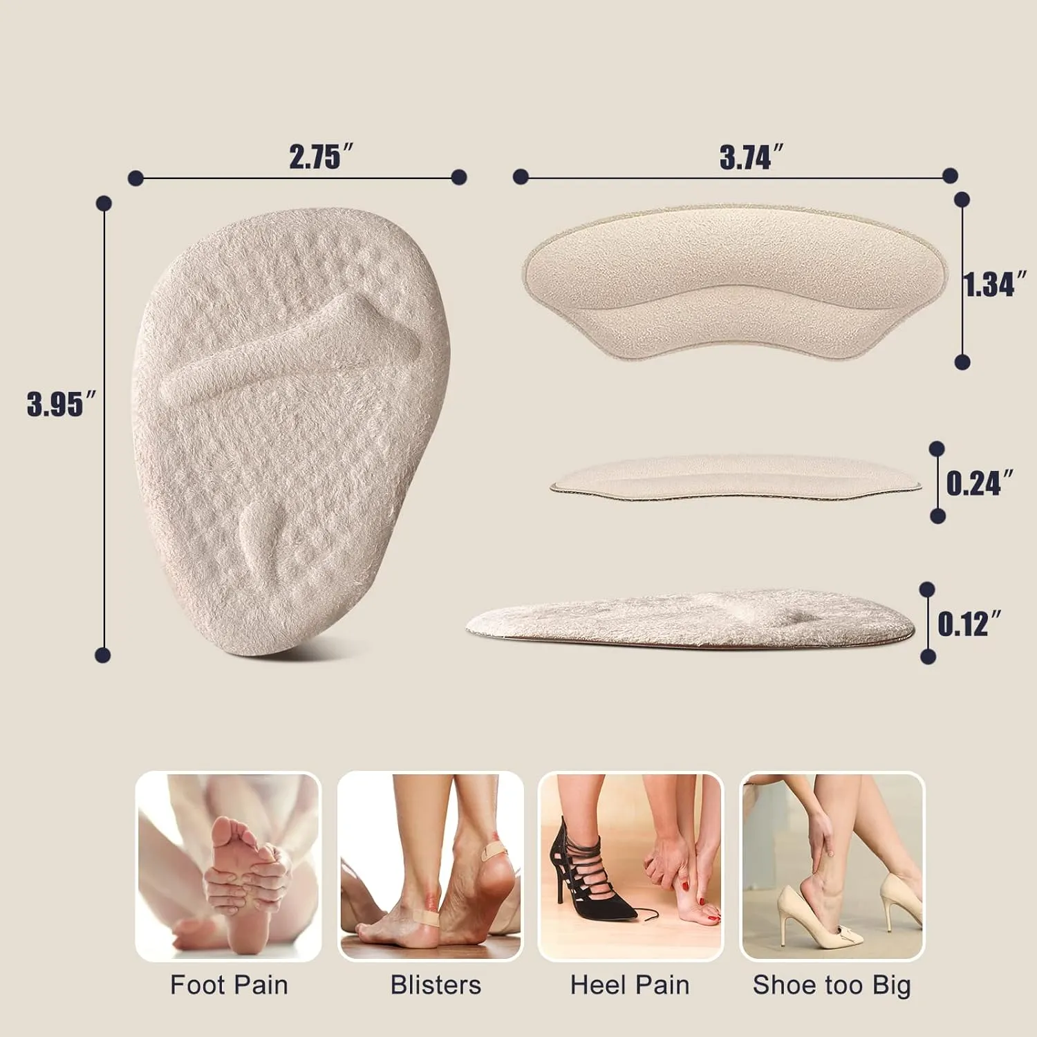 Riootlnm Metatarsal Pads, Ball of Foot Cushions, Heel Pads Inserts for Too Big Shoe, Reduce Foot Pain, No Slip Heel Grips Liners Pads for Loose Shoe, Blisters (Beige Black)