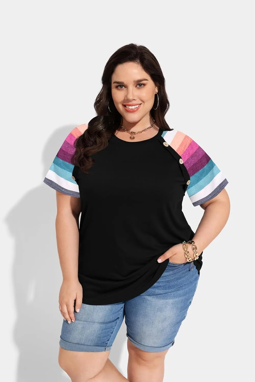RITERA Plus Size Tops for Women Blouse Button Summer Crewneck Short Sleeve Fashion Casual T-Shirts Pullover XL-5XL