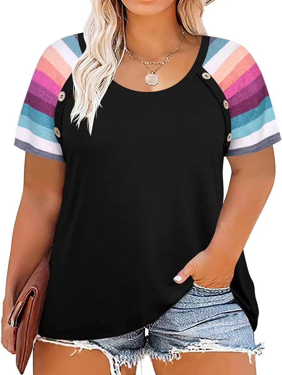 RITERA Plus Size Tops for Women Blouse Button Summer Crewneck Short Sleeve Fashion Casual T-Shirts Pullover XL-5XL