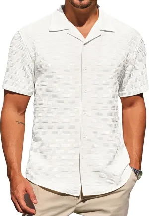Runcati Mens Button Down Shirts Short Sleeve Casual Textured Shirt Summer Lightweight Stretchy Tops