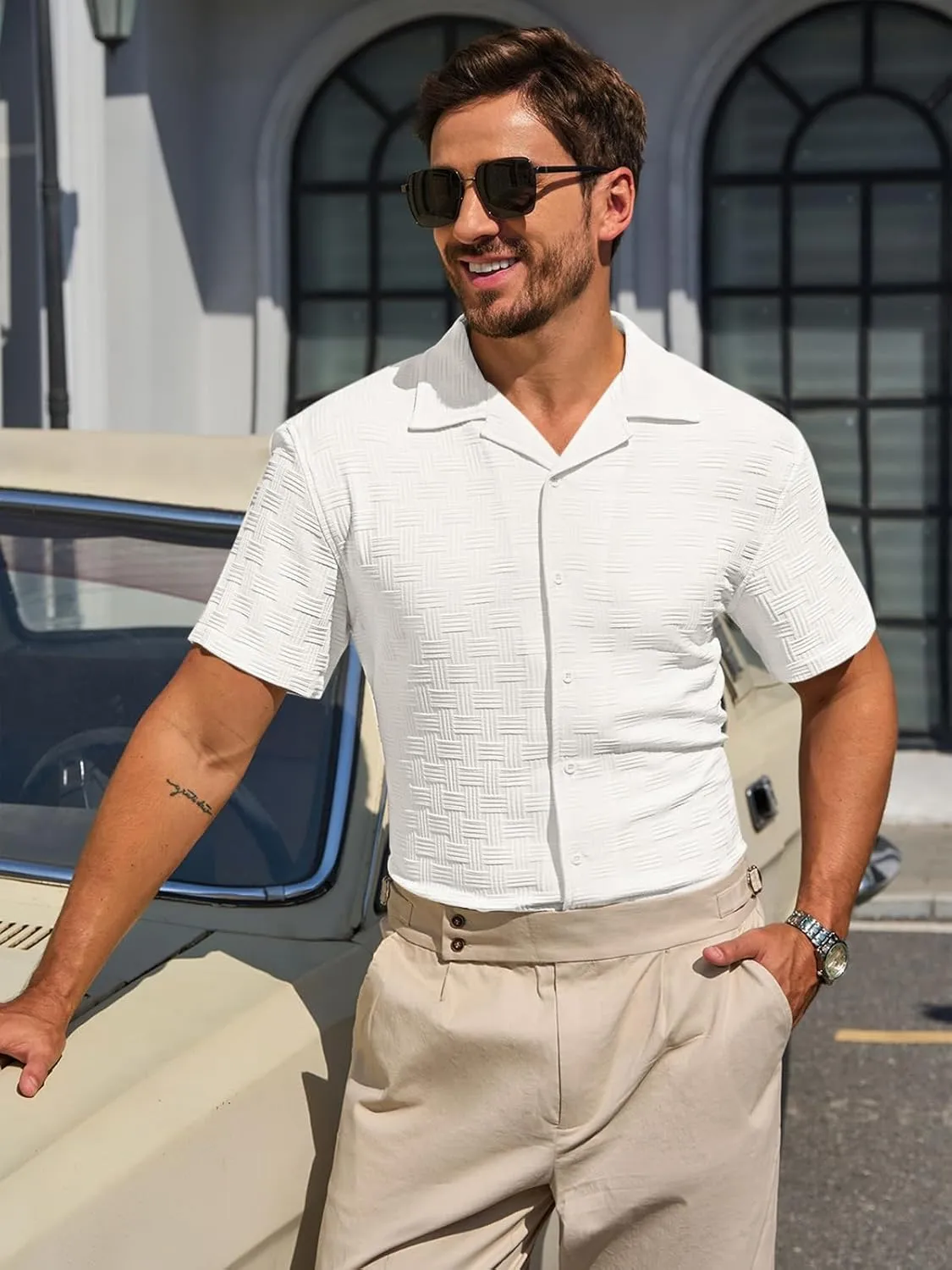 Runcati Mens Button Down Shirts Short Sleeve Casual Textured Shirt Summer Lightweight Stretchy Tops