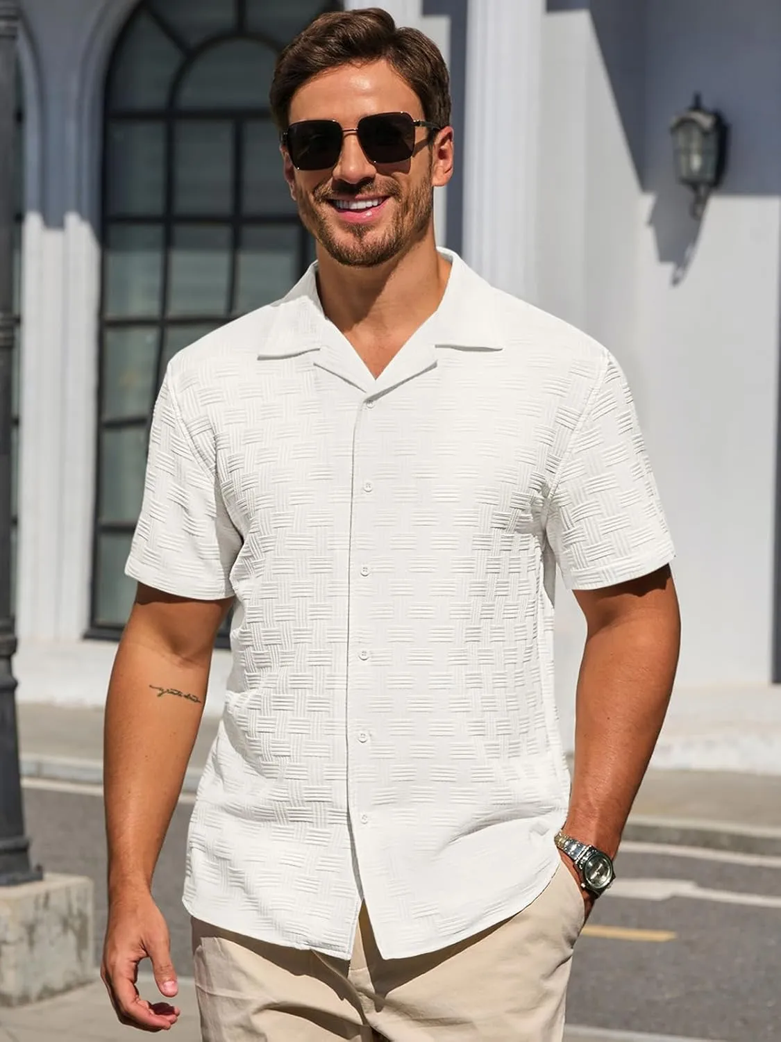 Runcati Mens Button Down Shirts Short Sleeve Casual Textured Shirt Summer Lightweight Stretchy Tops
