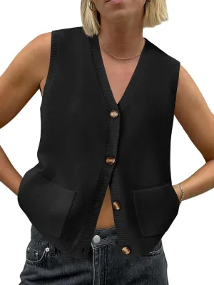 Saodimallsu Womens Sleeveless Sweater Vest Button V Neck Knit Trendy Casual Summer Cardigan with Pockets