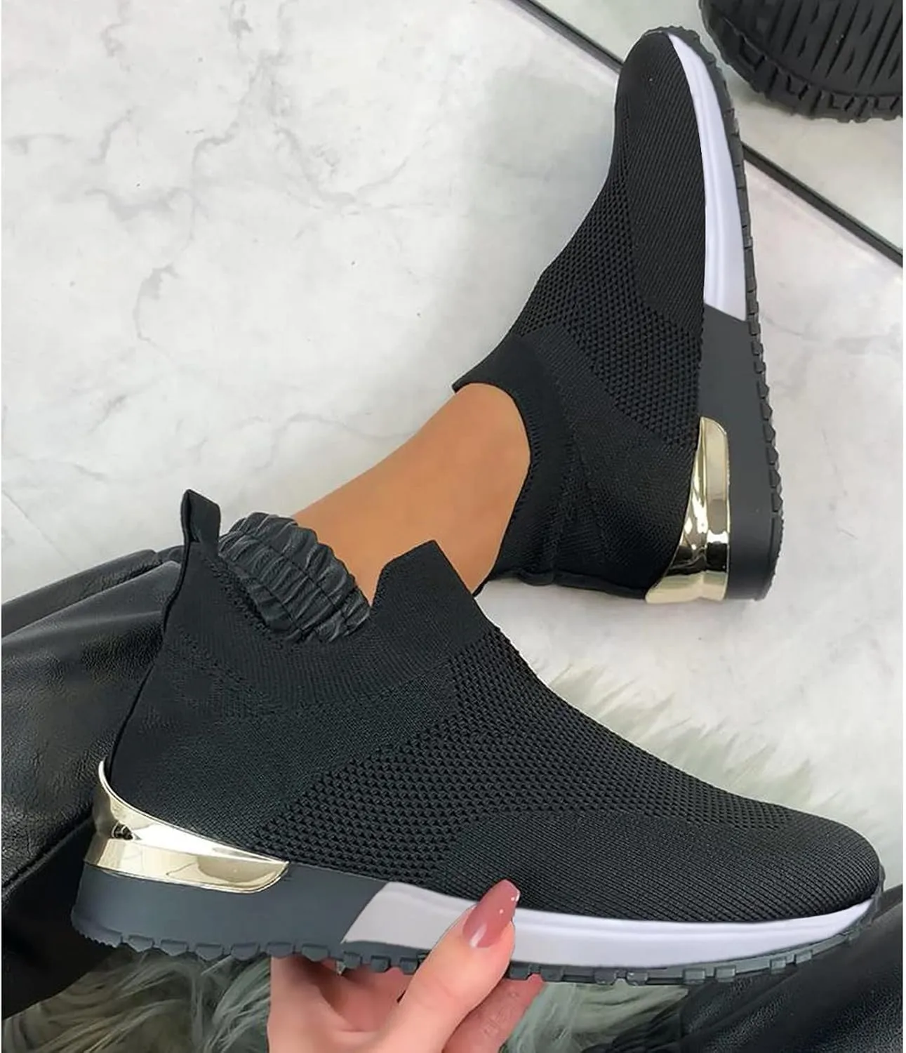 SBGMoSJ Womens Walking Shoes Slip On Sneakers Zapatos Confortables para Mujer Mayor Women's Black Tennis Shoes Size 7.5 Gym Shoes for Women Workout Indoor Cycling Shoes Women Size 5