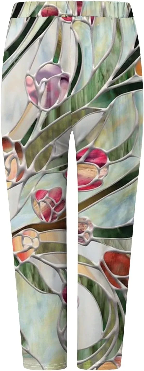 sdbrld Womens Floral Printed High Waisted Cropped Capri Leggings Comfy Tummy Control Knee Length Stretch Cropped Yoga Pants