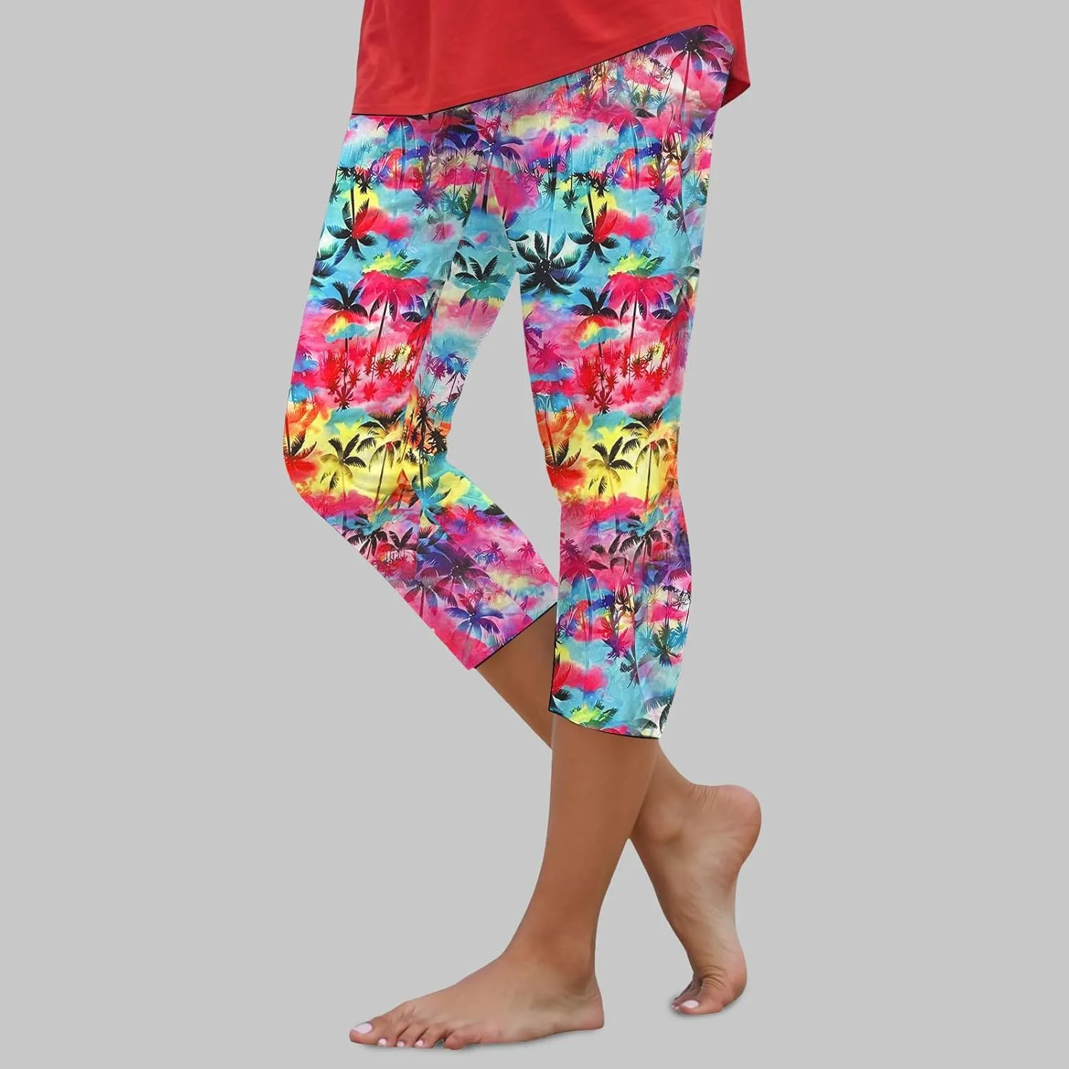sdbrld Womens Floral Printed High Waisted Cropped Capri Leggings Comfy Tummy Control Knee Length Stretch Cropped Yoga Pants