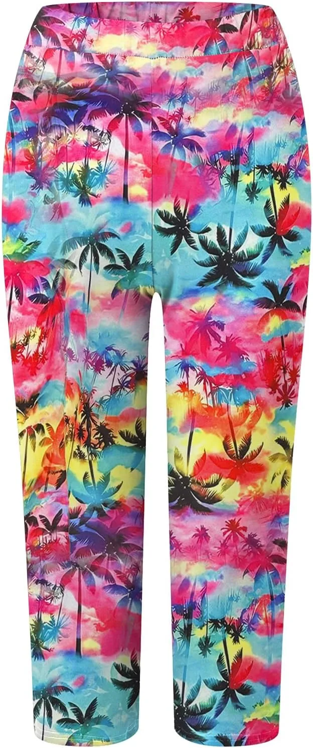 sdbrld Womens Floral Printed High Waisted Cropped Capri Leggings Comfy Tummy Control Knee Length Stretch Cropped Yoga Pants