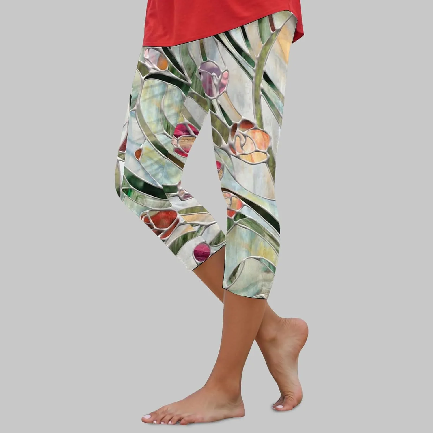 sdbrld Womens Floral Printed High Waisted Cropped Capri Leggings Comfy Tummy Control Knee Length Stretch Cropped Yoga Pants