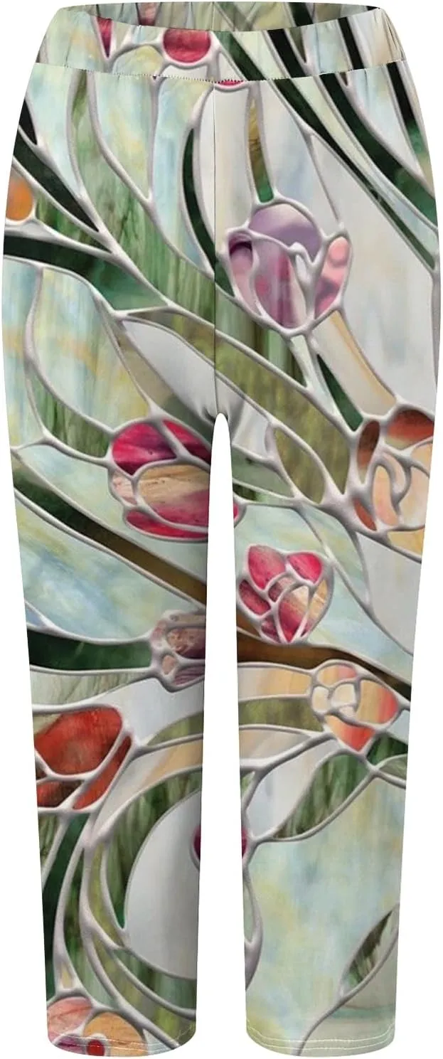 sdbrld Womens Floral Printed High Waisted Cropped Capri Leggings Comfy Tummy Control Knee Length Stretch Cropped Yoga Pants