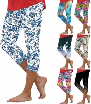 sdbrld Womens Floral Printed High Waisted Cropped Capri Leggings Comfy Tummy Control Knee Length Stretch Cropped Yoga Pants