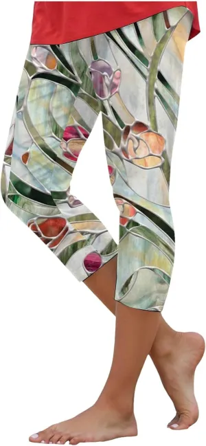 sdbrld Womens Floral Printed High Waisted Cropped Capri Leggings Comfy Tummy Control Knee Length Stretch Cropped Yoga Pants