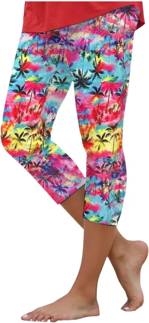sdbrld Womens Floral Printed High Waisted Cropped Capri Leggings Comfy Tummy Control Knee Length Stretch Cropped Yoga Pants