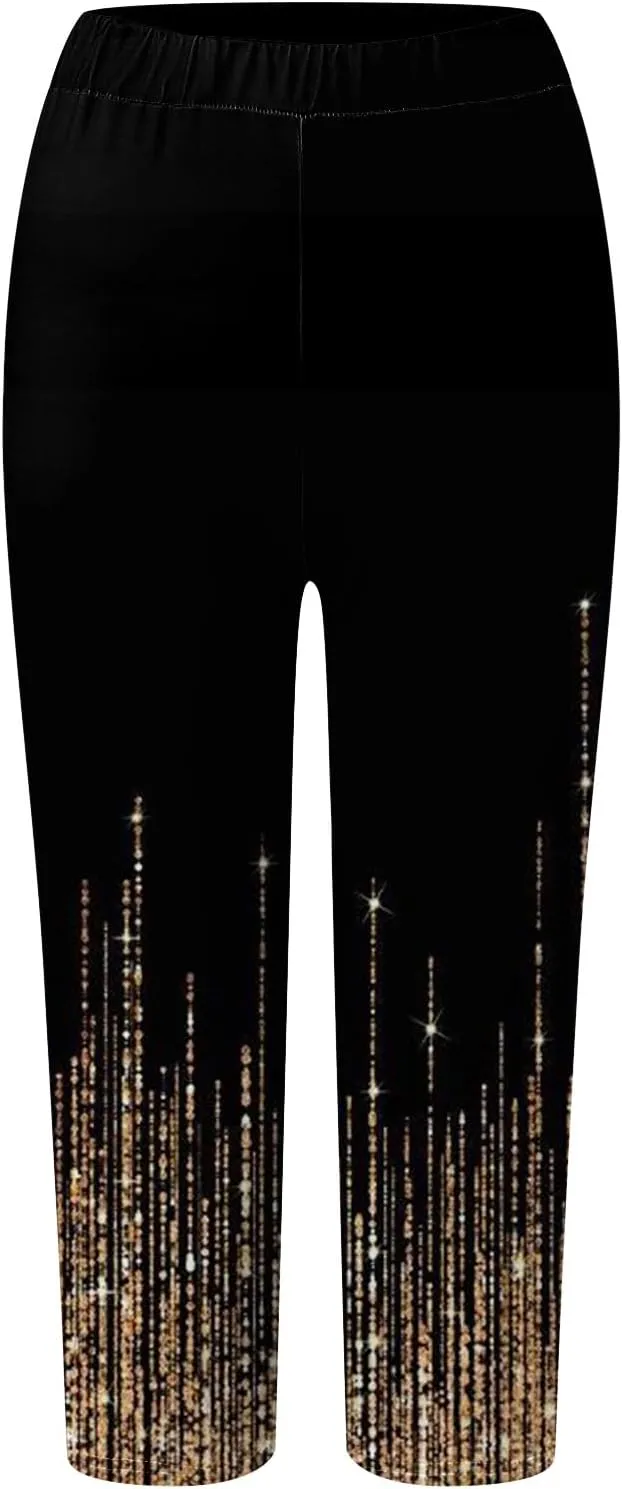 sdbrld Womens Floral Printed High Waisted Cropped Capri Leggings Comfy Tummy Control Knee Length Stretch Cropped Yoga Pants