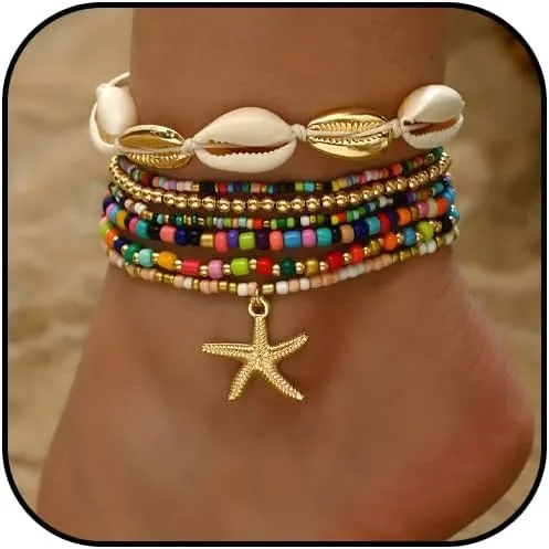 Shell Anklets Bracelet for Women Colorful Stackable Puka Shell Anklet Boho Seashell Beaded Anklet Hawaii Summer Beach Waterproof Surfer Starfish Anklets for Women