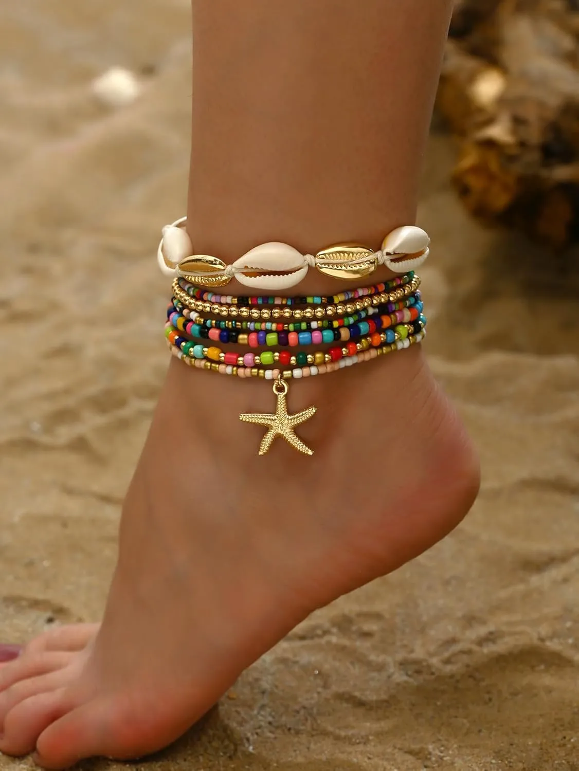 Shell Anklets Bracelet for Women Colorful Stackable Puka Shell Anklet Boho Seashell Beaded Anklet Hawaii Summer Beach Waterproof Surfer Starfish Anklets for Women