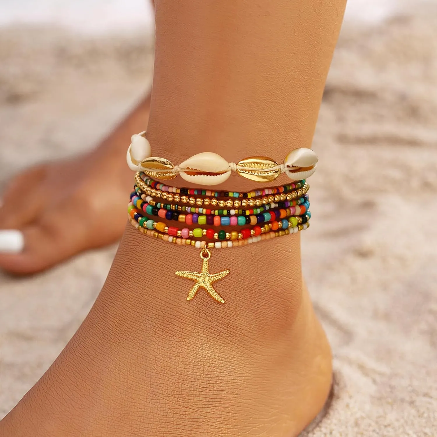 Shell Anklets Bracelet for Women Colorful Stackable Puka Shell Anklet Boho Seashell Beaded Anklet Hawaii Summer Beach Waterproof Surfer Starfish Anklets for Women