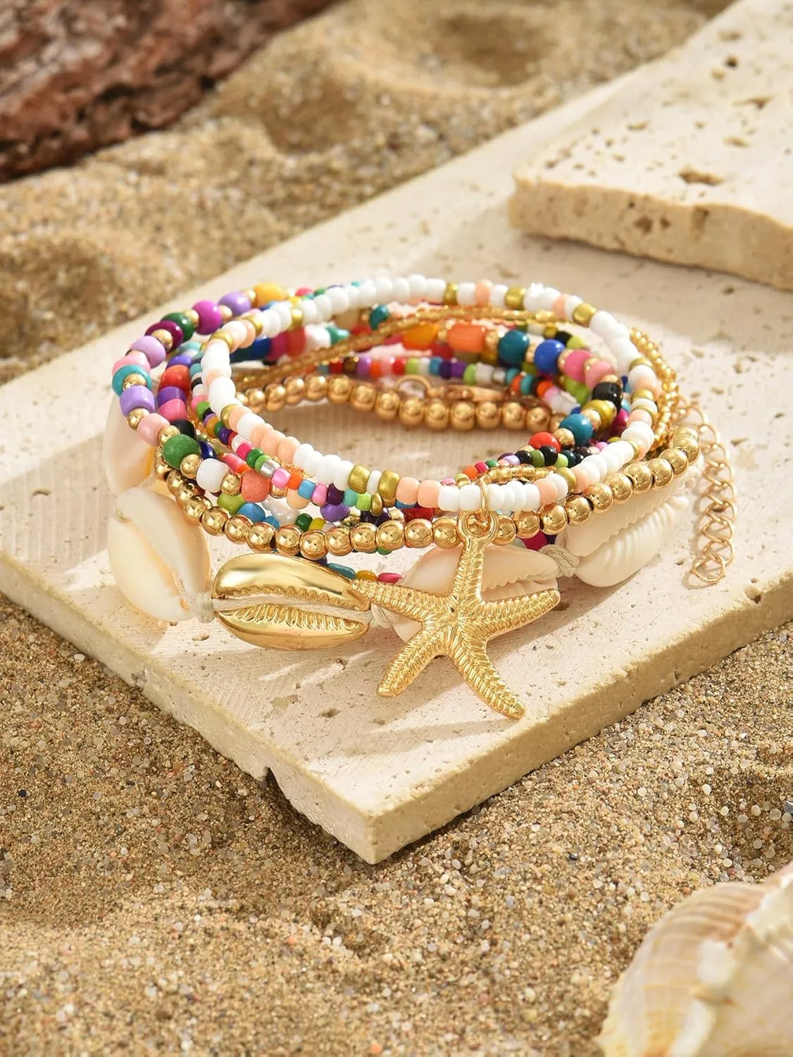 Shell Anklets Bracelet for Women Colorful Stackable Puka Shell Anklet Boho Seashell Beaded Anklet Hawaii Summer Beach Waterproof Surfer Starfish Anklets for Women