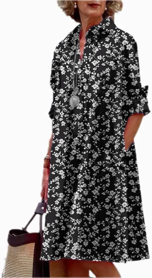 Shirt Dress for Women Floral Plus Size Long Sleeve Collared Button Down 2025 Summer Casual Midi Tunic Tshirt Dress