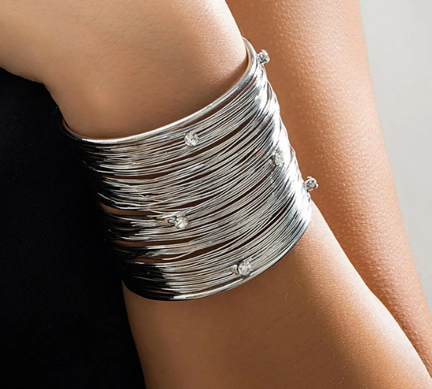 Silver Arm Cuffs Padme,Cuff Bangle Bracelet for Women,Open Wide Wire Gold Wrist Cuff Wrap Bracelet With Inlaid Diamonds