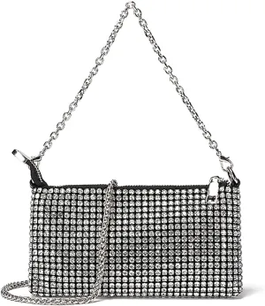 Silver Clutch Women Rhinestone Evening Bag Wedding Crystal Bride Engagement Purse Fold Over Chain Crossbody Shoulder Bag