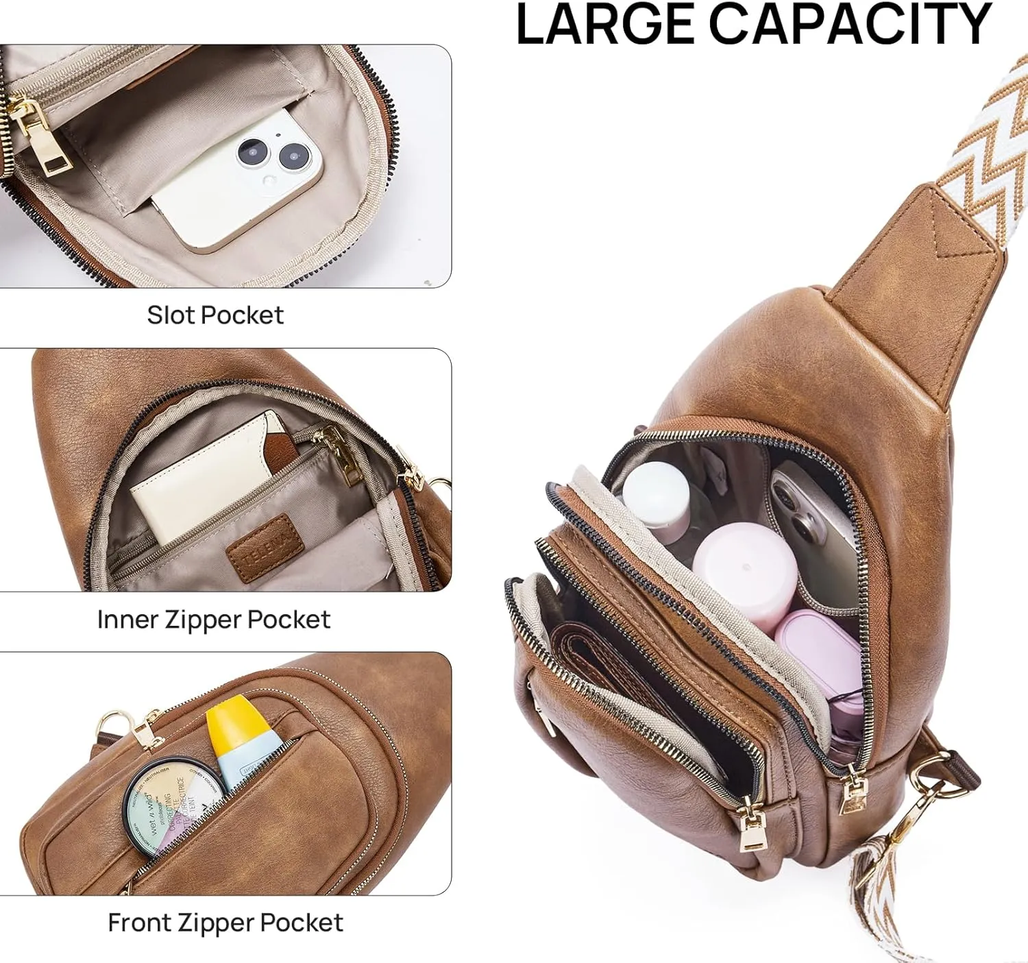 Sling Bag for Women Crossbody Purse Vegan Leather Fanny Pack Chest Bag Camel Brown