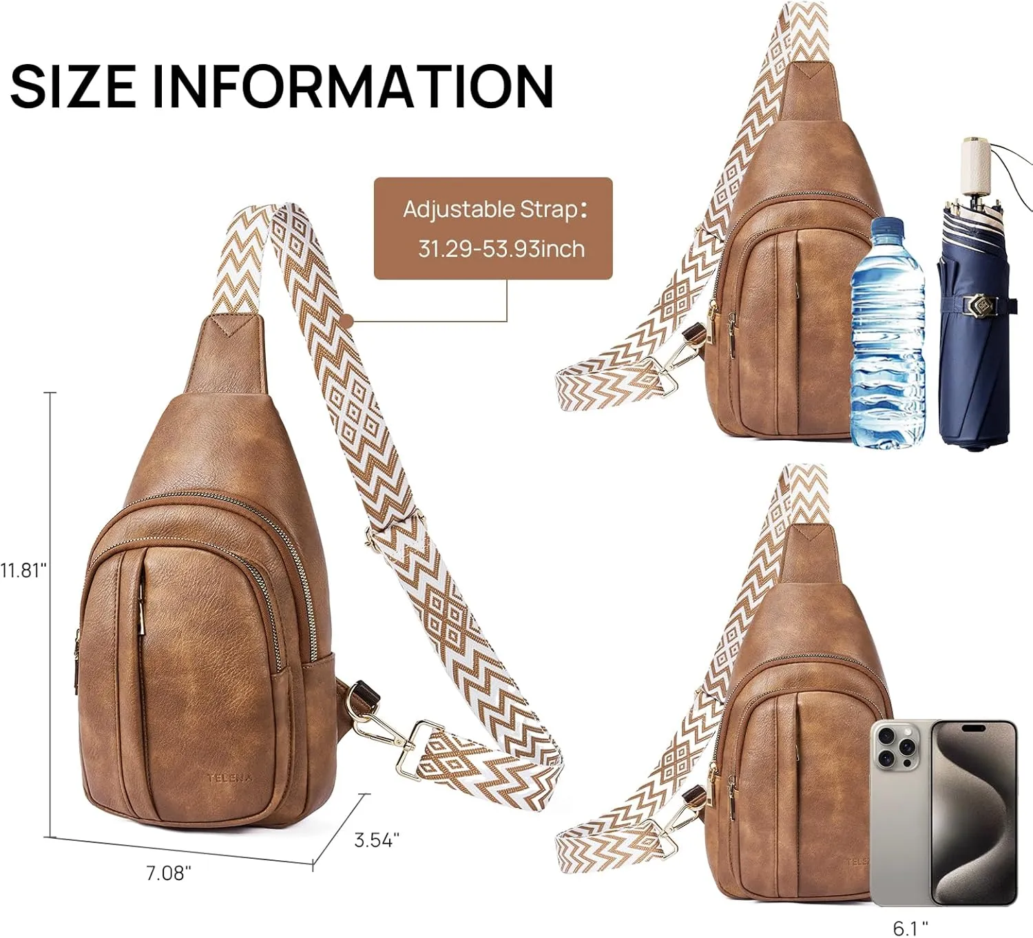 Sling Bag for Women Crossbody Purse Vegan Leather Fanny Pack Chest Bag Camel Brown